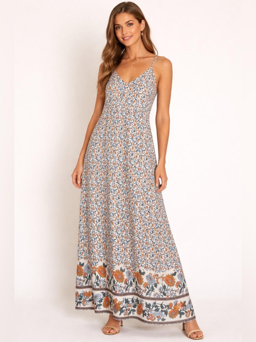 Ours Cottage Floral coastal Cowgirl Maxi Dress pockets spaghetti strap, Medium